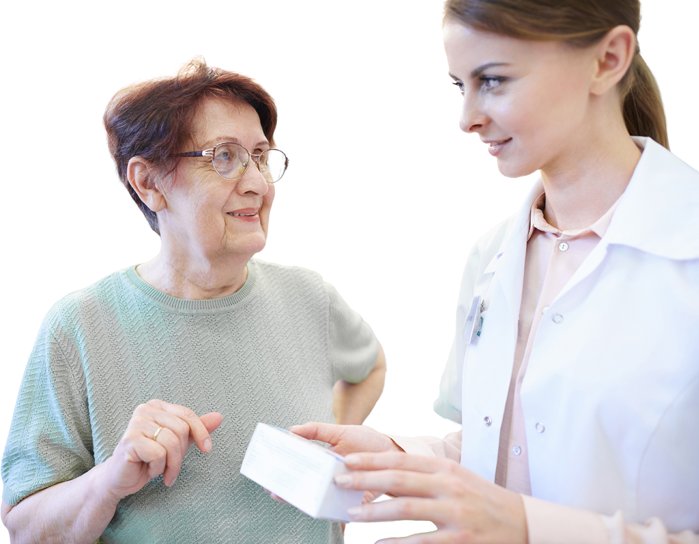 senior man consulting female pharmacist medication 1 2
